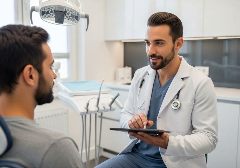 Doctor consulting patient with digital tablet.