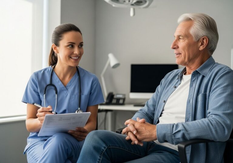 Nurse consulting with elderly male patient.