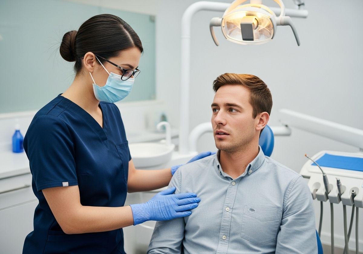 Masked dental nurse reassuring adult patient
