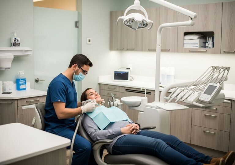 Dentist examining patient in modern clinic.