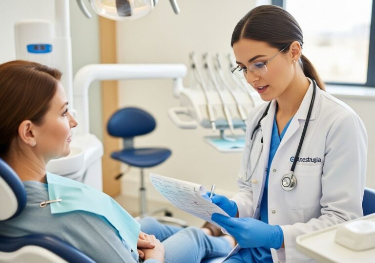 Dentist consulting patient in dental office.