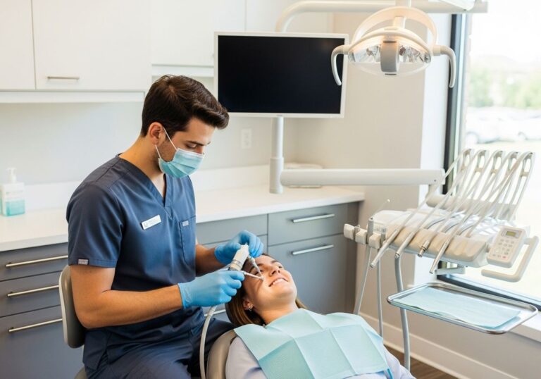 Dentist administering local anesthesia by syringe