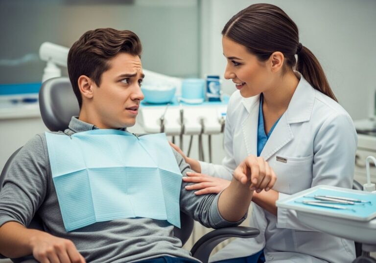 Dentist calming anxious young male patient
