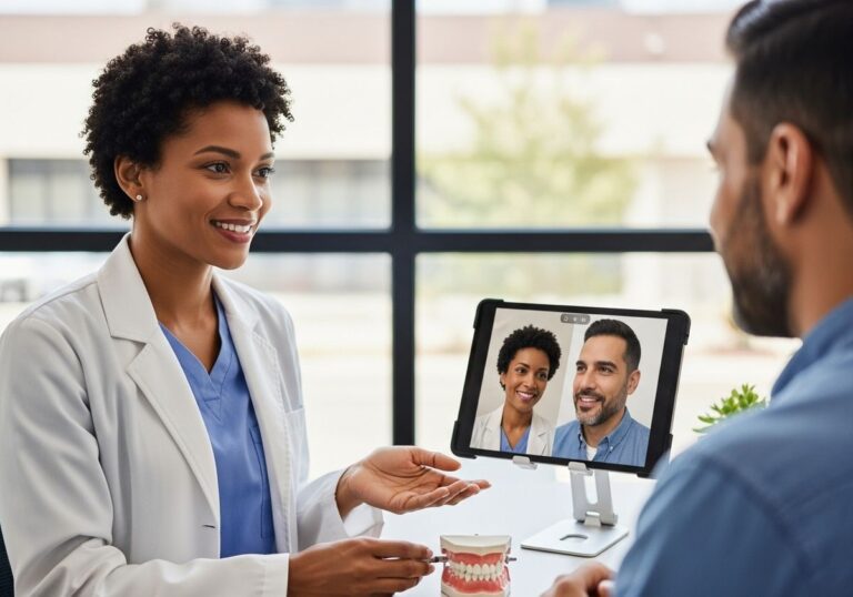Dentist consulting patient with dental model.