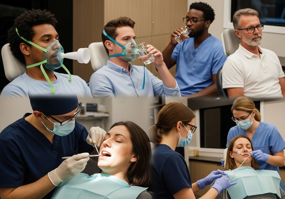 Patients and dentists in dental clinic setting.