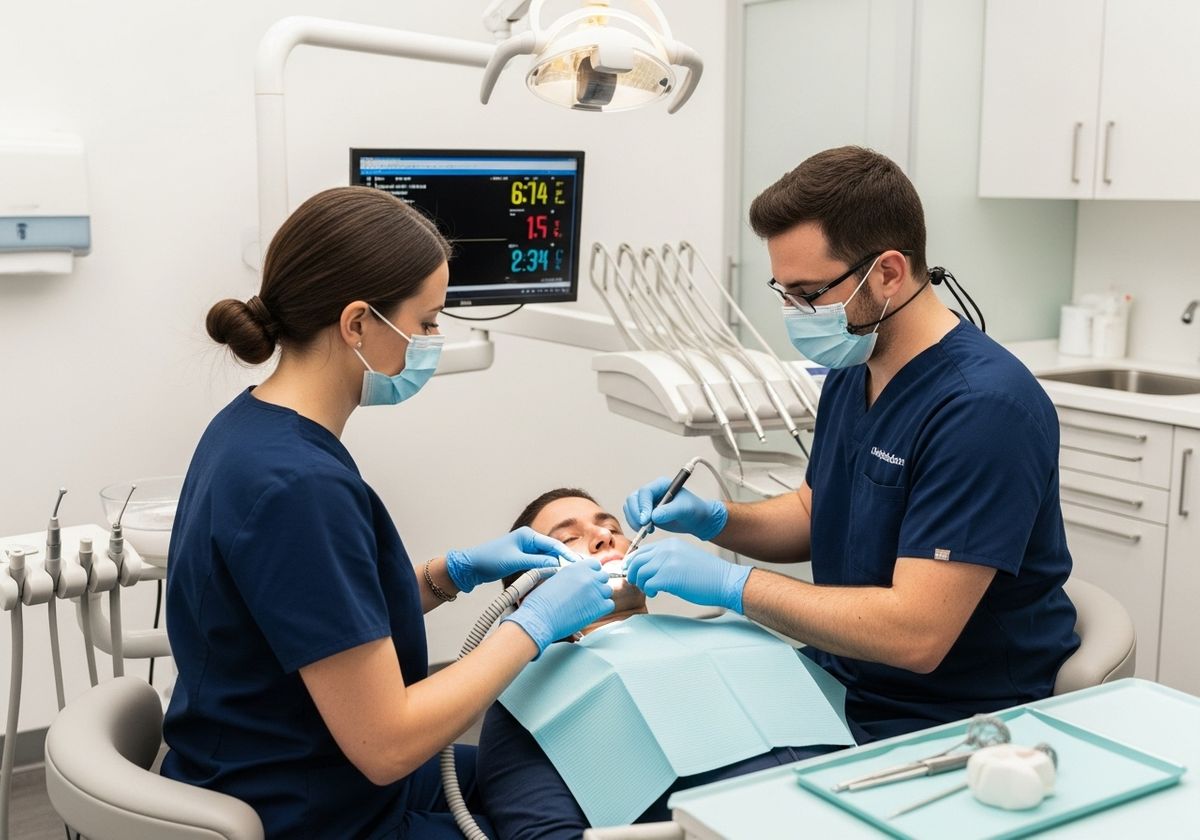 Dentists treating patient in modern dental clinic.
